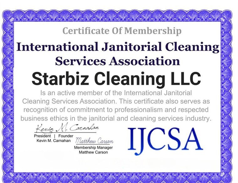 International Janitorial Cleaning Services Association membership certificate for Starbiz Cleaning LLC