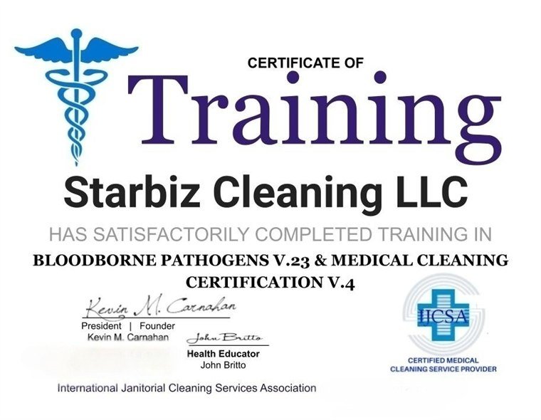 Certified Medical Cleaning Service Provider certificate