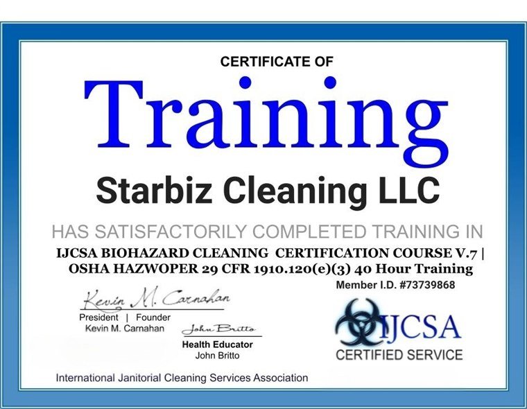 IJCSA Biohazard Cleaning & OSHA HAZWOPER 40-hour training certificate