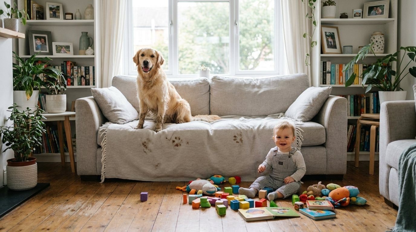 Golden retriever with muddy paws on the couch and toddler with scattered toys — before