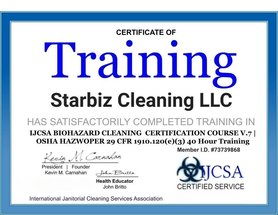 Biohazard Cleaning certificate
